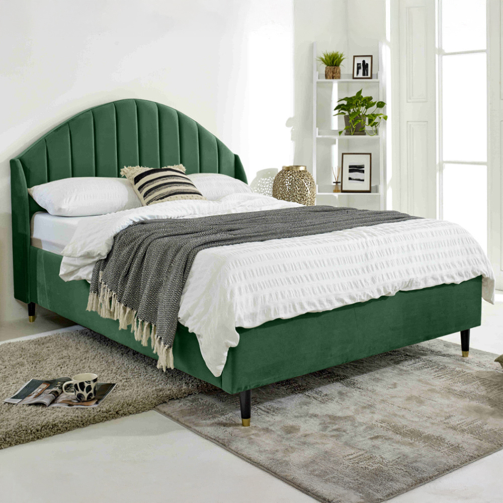 Eleganza Elysium Double Green Plush Velvet Bed Frame with Curved Winged Headboard Image 1