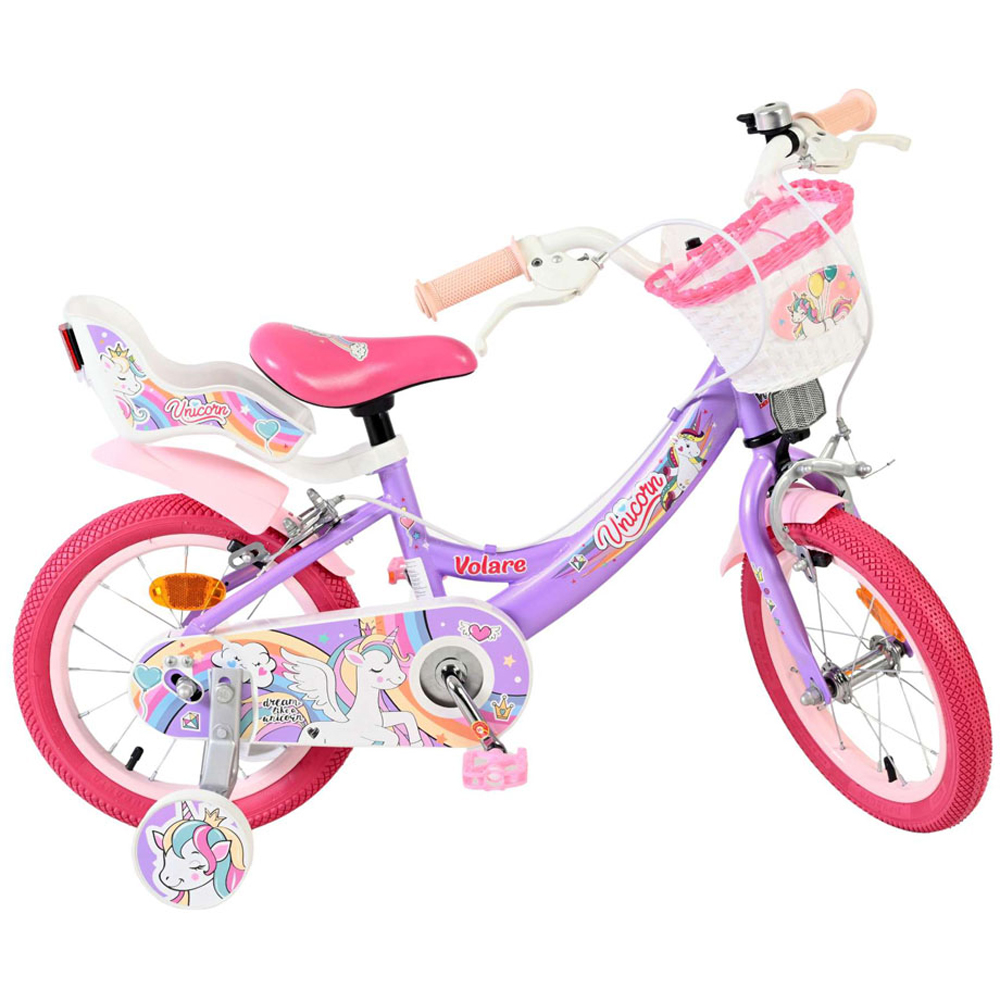 Volare Unicorn Kids 14 inch Purple and Pink Bike with Stabilisers Doll Seat and Basket Image 4