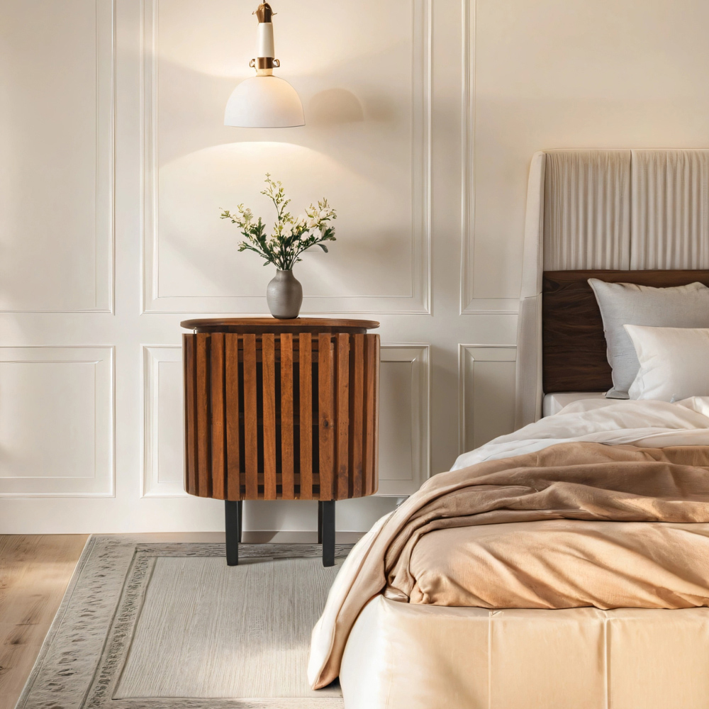 Brooklyn Slatted Single Door Mango Wood Bedside Table Image 6