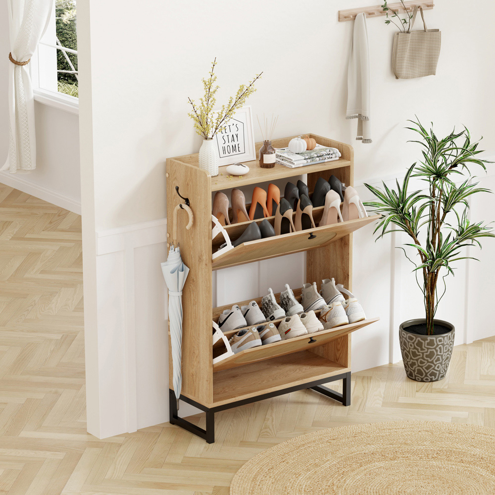 FurnitureHMD 2 Door Natural Woven Rattan Shoe Cabinet with Hooks Image 6