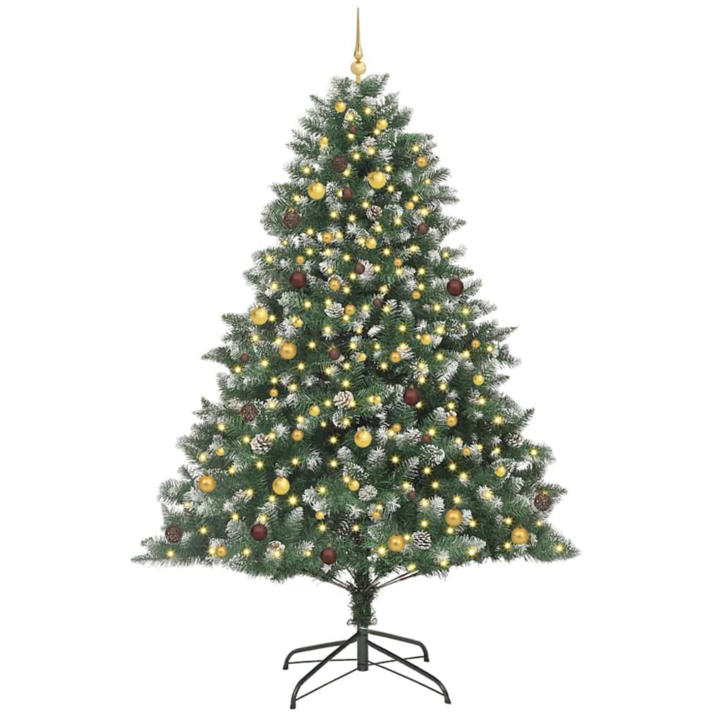 vidaXL Pre-Lit Gold and Bronze Baubles Green Artificial Snow Tipped Christmas Tree 8ft Image 1