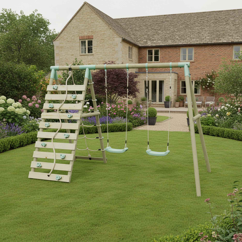 Mercia Wooden Round Pole Double Swing Set with Climbing Wall Image 2