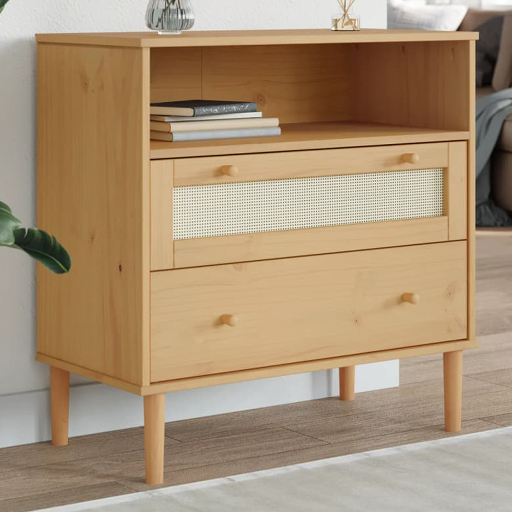 vidaXL Senja 2 Drawer Single Shelf Rattan Look Solid Wood Pine Sideboard Image 1