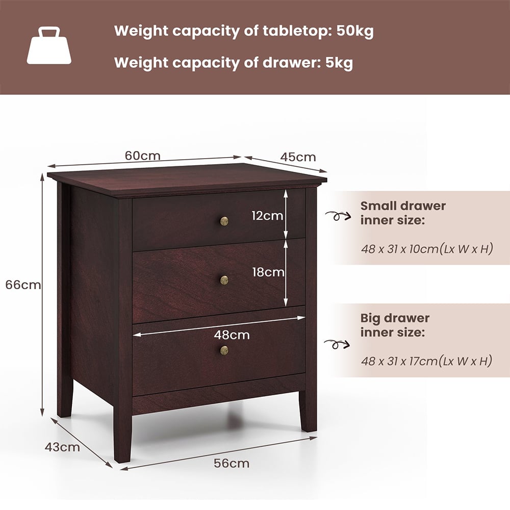 Costway 3 Drawer Brown Wooden Bedside Table Image 6