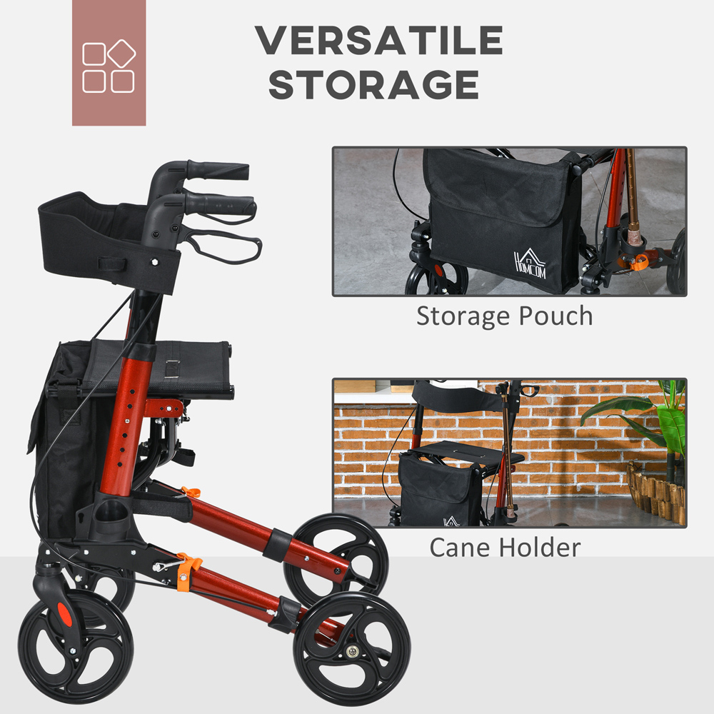 HOMCOM Red 4-Wheel Foldable Rollator Walker with Seat and Storage Bag Image 5