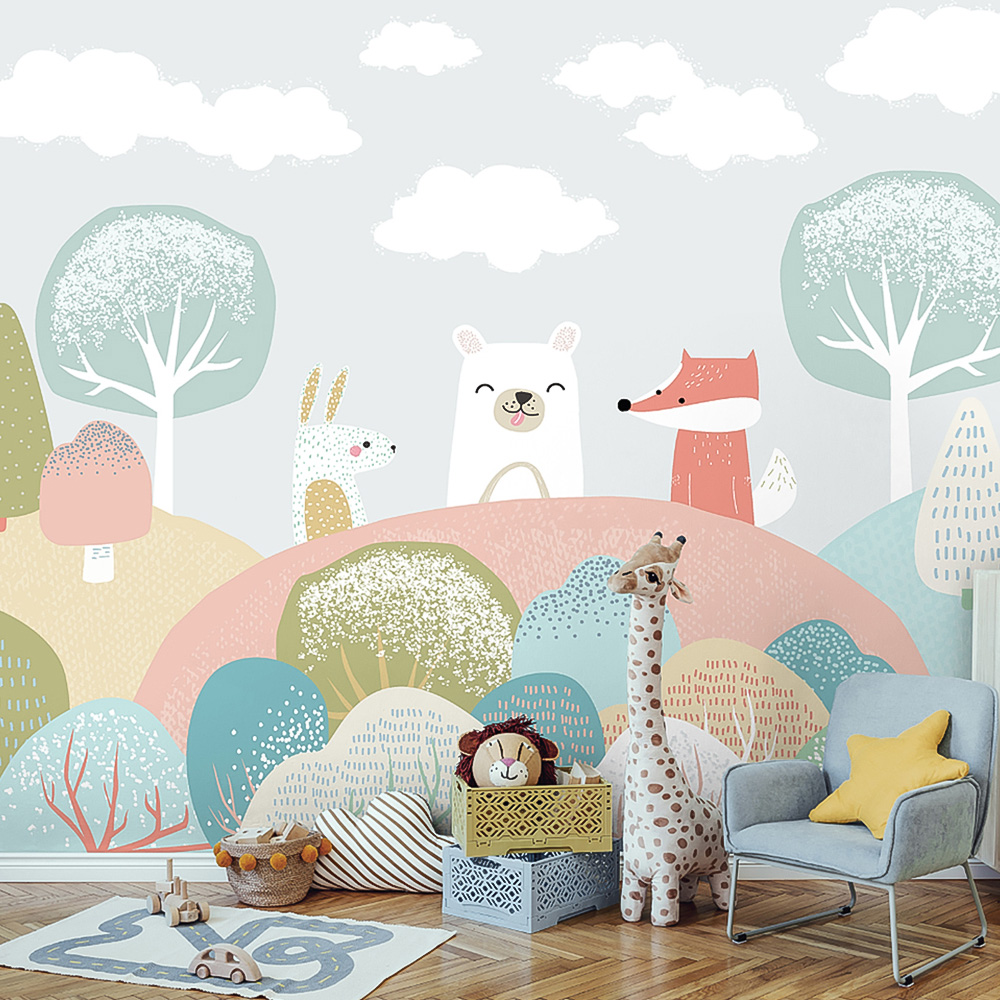 Origin Murals Woodland Friends Grey Wall Mural Image 1