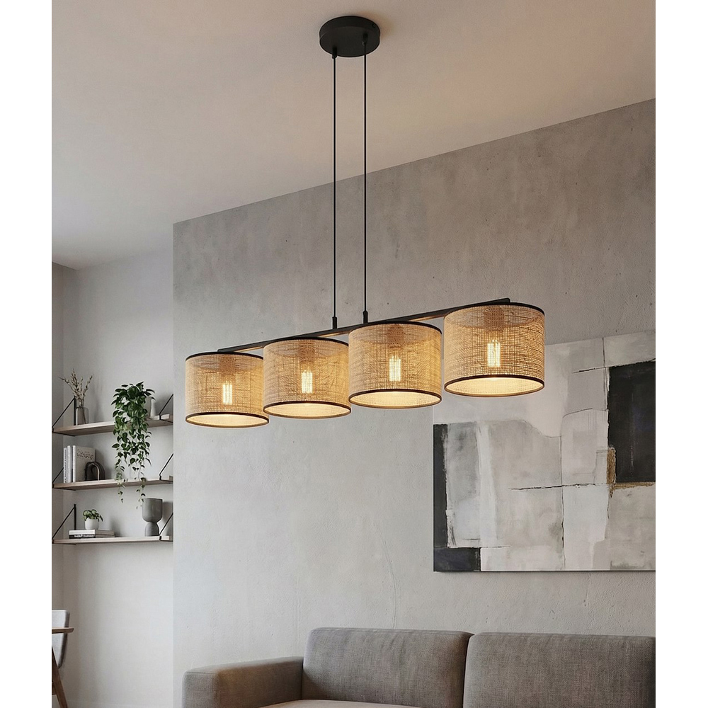Emibig Eco 4 Light Rattan Cylindrical Shade Black E27 Ceiling Pendant Light Image 7