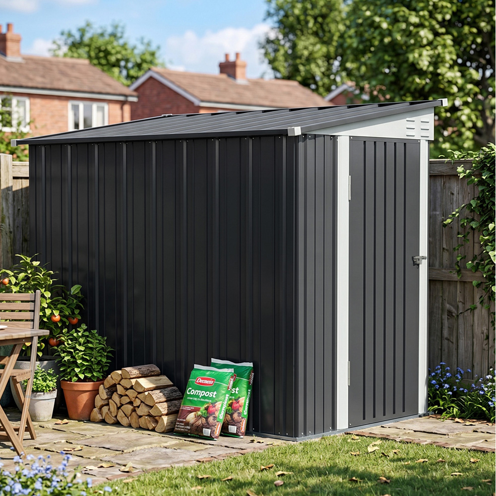 Living and Home 4 x 8ft Charcoal Black and White Metal Pent Storage Shed Image 1