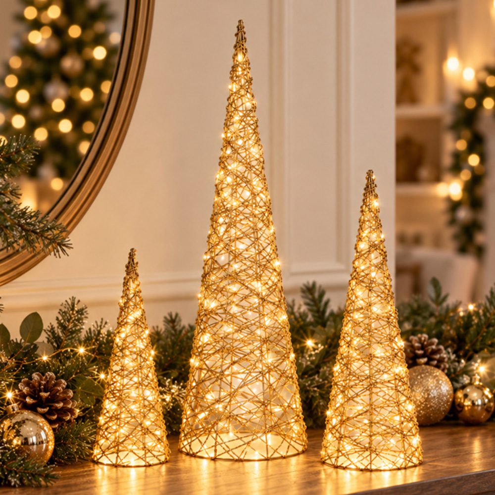 Samuel Alexander 3 Piece Warm White LED Light-Up Gold Weave Christmas Cone Tree Set Image 1