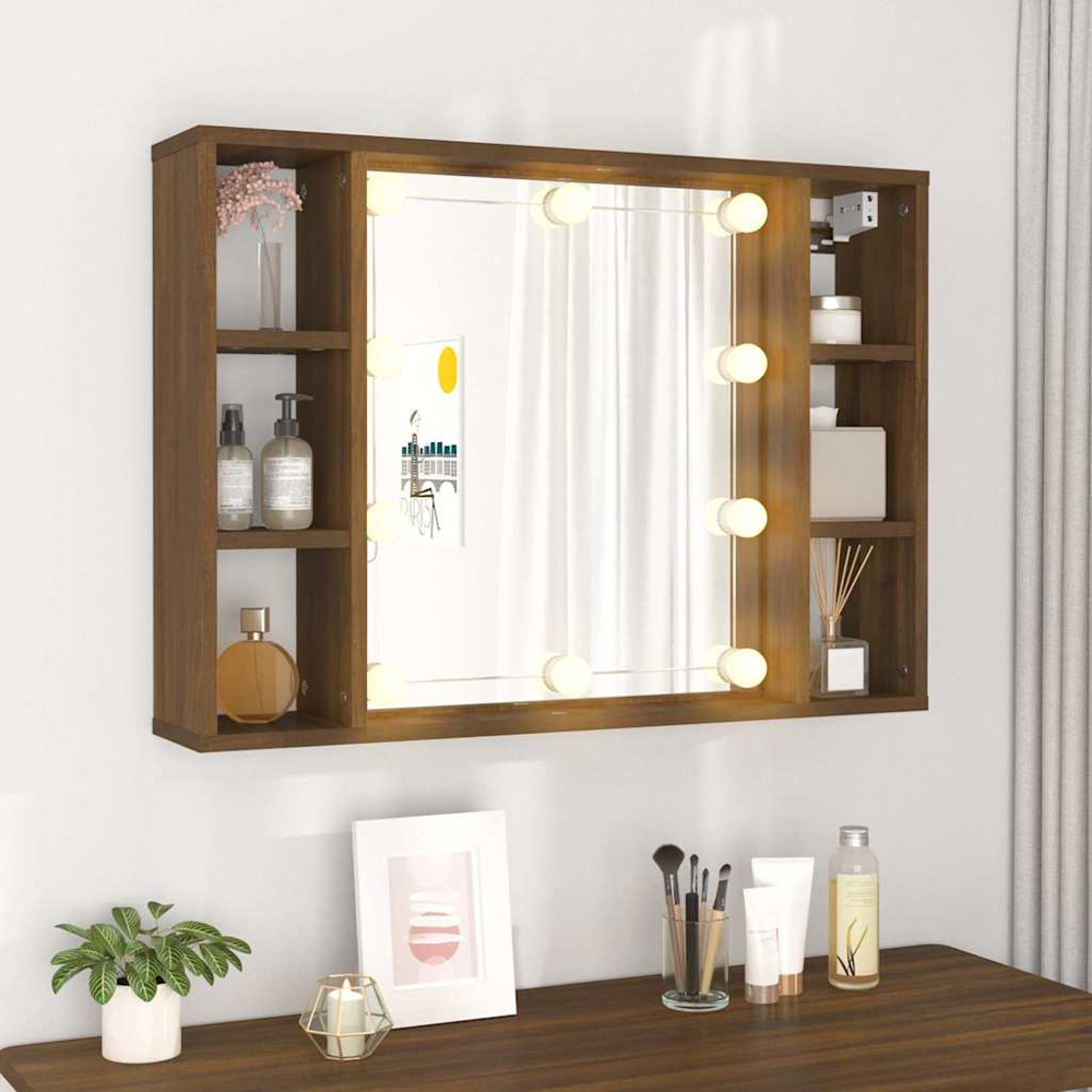 vidaXL 6 Shelf Brown Oak LED Mirror Cabinet Image 7