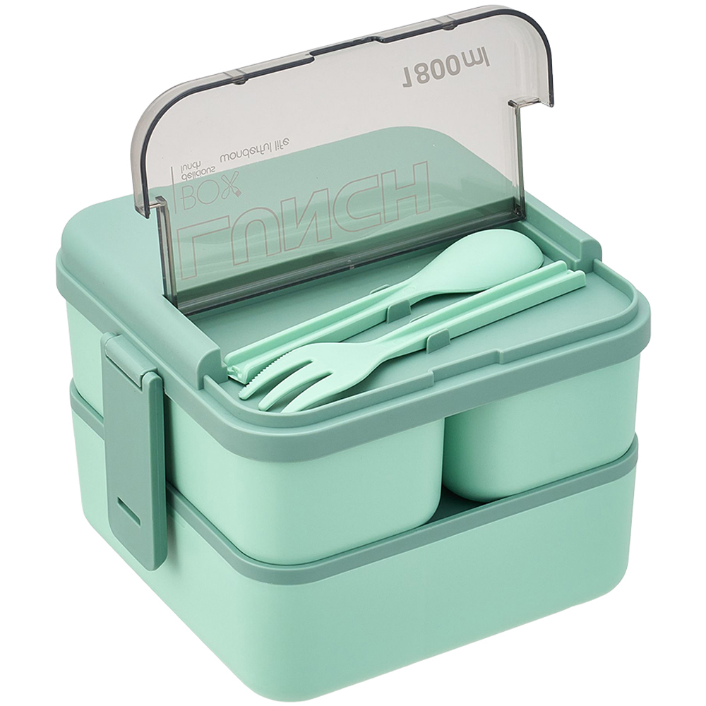 Living and Home 1.8L 2-Tier Green Lunch Box with Cutlery and 2 Top Compartments Image 3