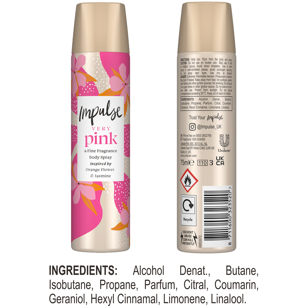 Impulse Very Pink Blend of Natural Scents Body Spray Deodorant 75ml 6 Pack Image 8