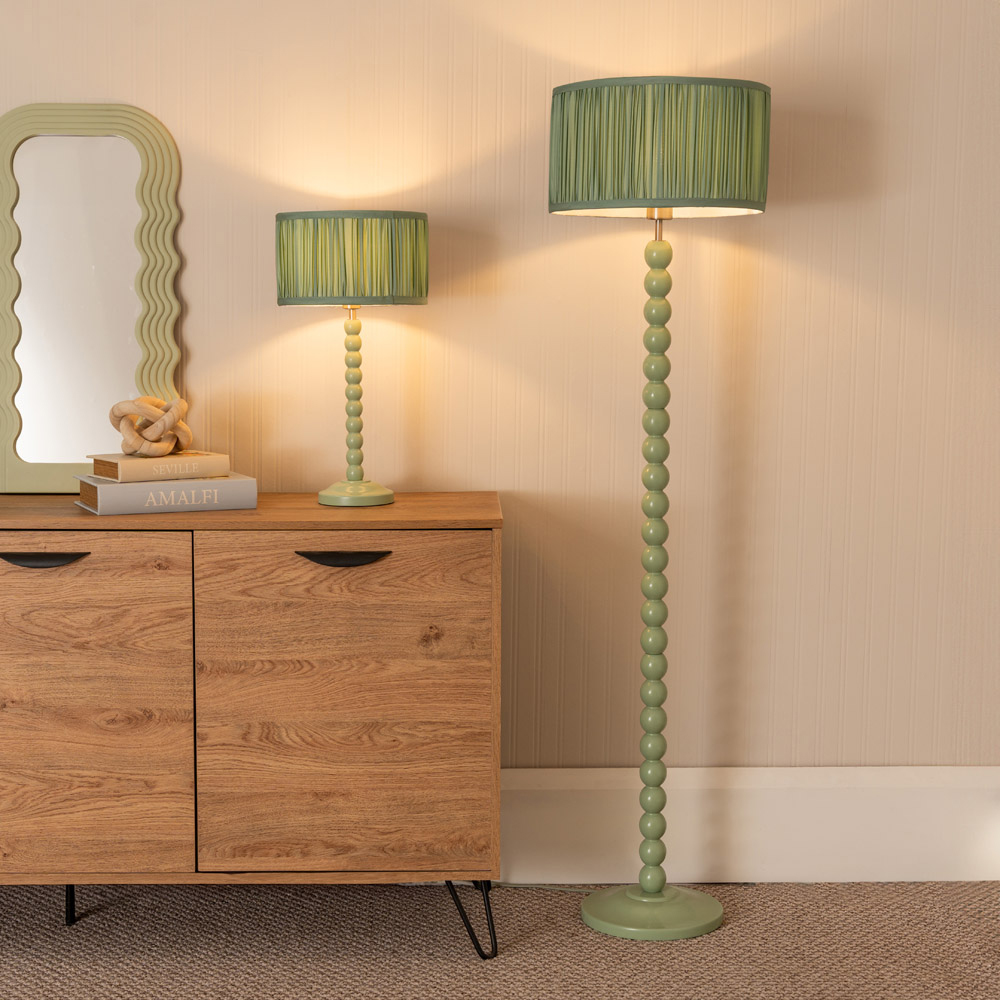 ValueLights Bobbins Ruched Pleated Green Drum Shade Sage Green LED Floor Lamp Image 5