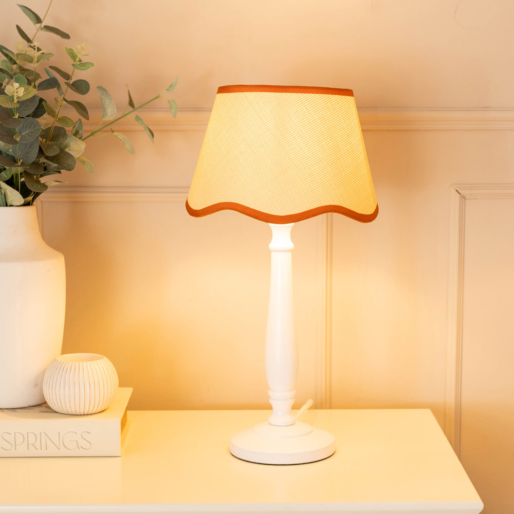 ValueLights Victoria Linen Scallop Rust Edge Shade White Wood Table Lamp Image 2