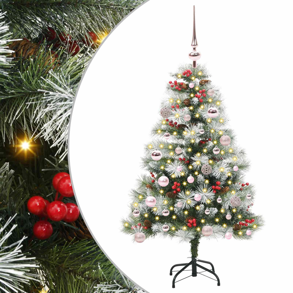 vidaXL Pre-Lit Pink Baubles Green Artificial Snow Flocked Christmas Tree 5ft Image 2