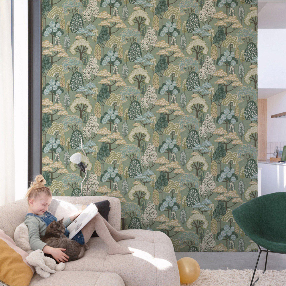 Grandeco Happy Trees Brushstroke Sage Green Wallpaper Image 4