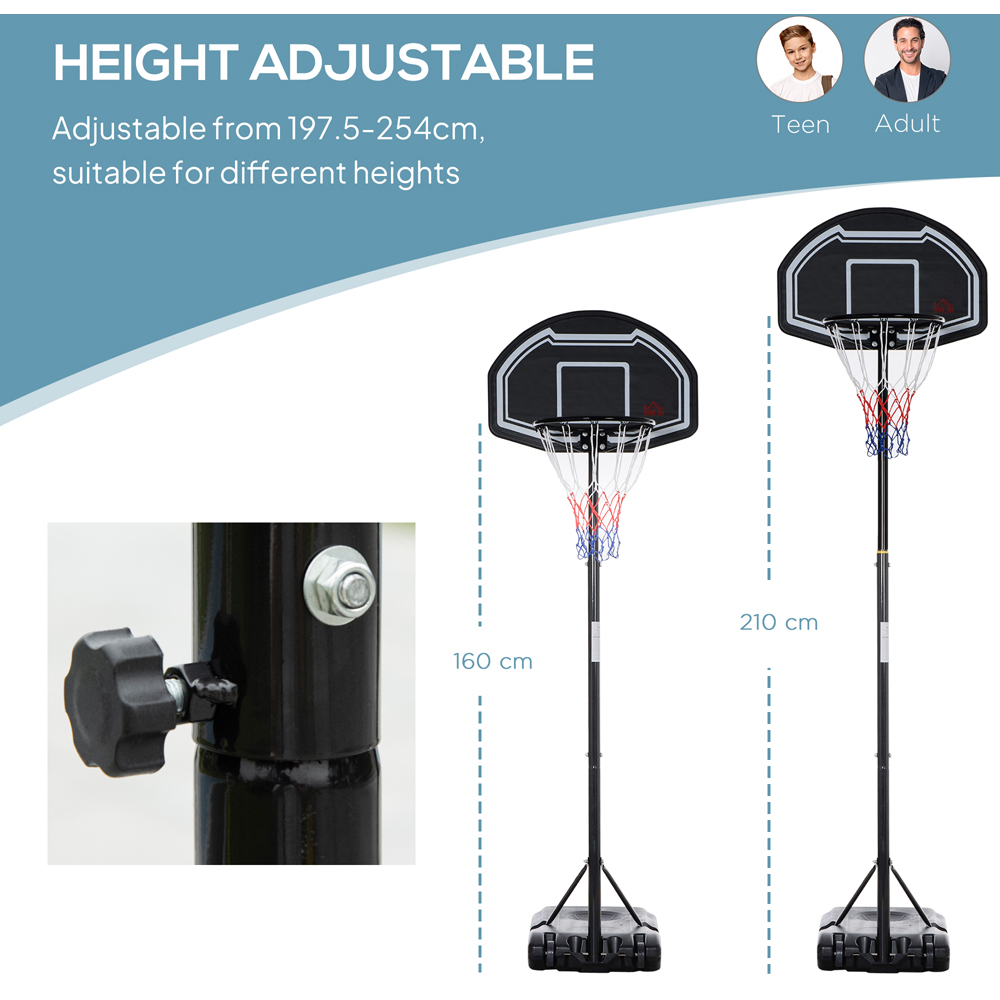 HOMCOM Black Adjustable Basketball Hoop Stand with Wheels and Weight Base 160-210cm Image 8