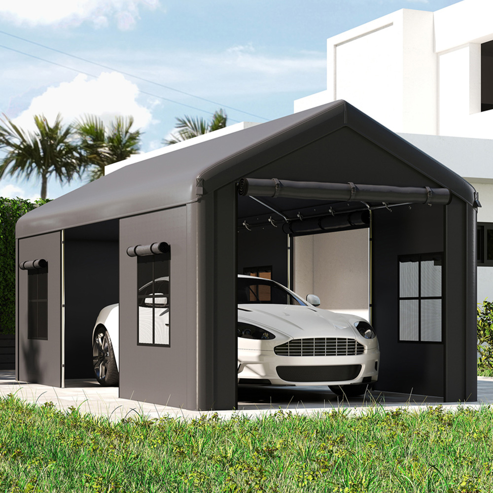 Outsunny Dark Grey Heavy Duty Portable Apex Carport with 3 Doors 3 x 6m Image 1