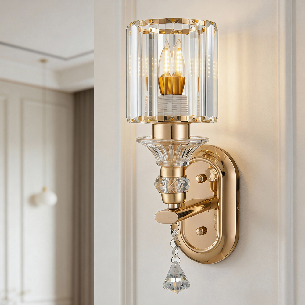 Living and Home Elegant Gold Metal and Crystal E27 Wall Light Image 2