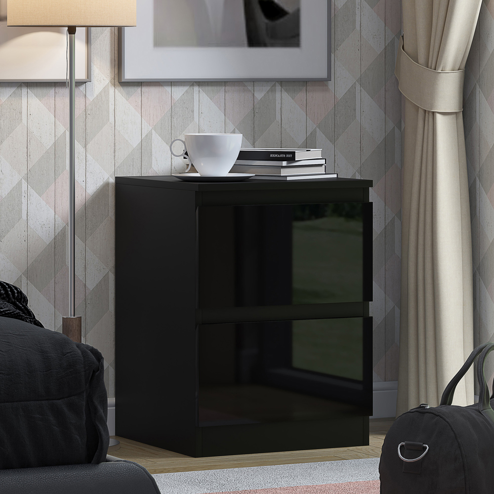 FWStyle Stora 2 Drawer Black Gloss Bedside Table Image 5