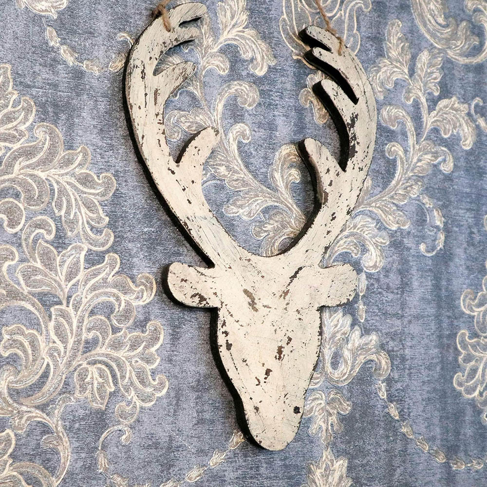 Shatchi Cream Deer Head Wooden Hanging Christmas Decoration 26cm Image 4