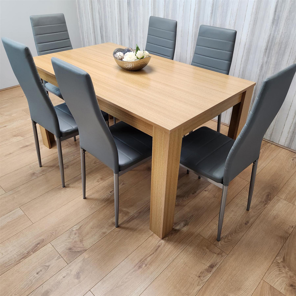 Portland 6 Seater Faux leather Dining Set Wooden Oak Effect and Grey Image 5