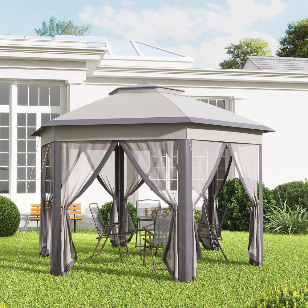 Outsunny 4 x 4m Beige Hexagon Marquee Patio Gazebo with Sides Image 4