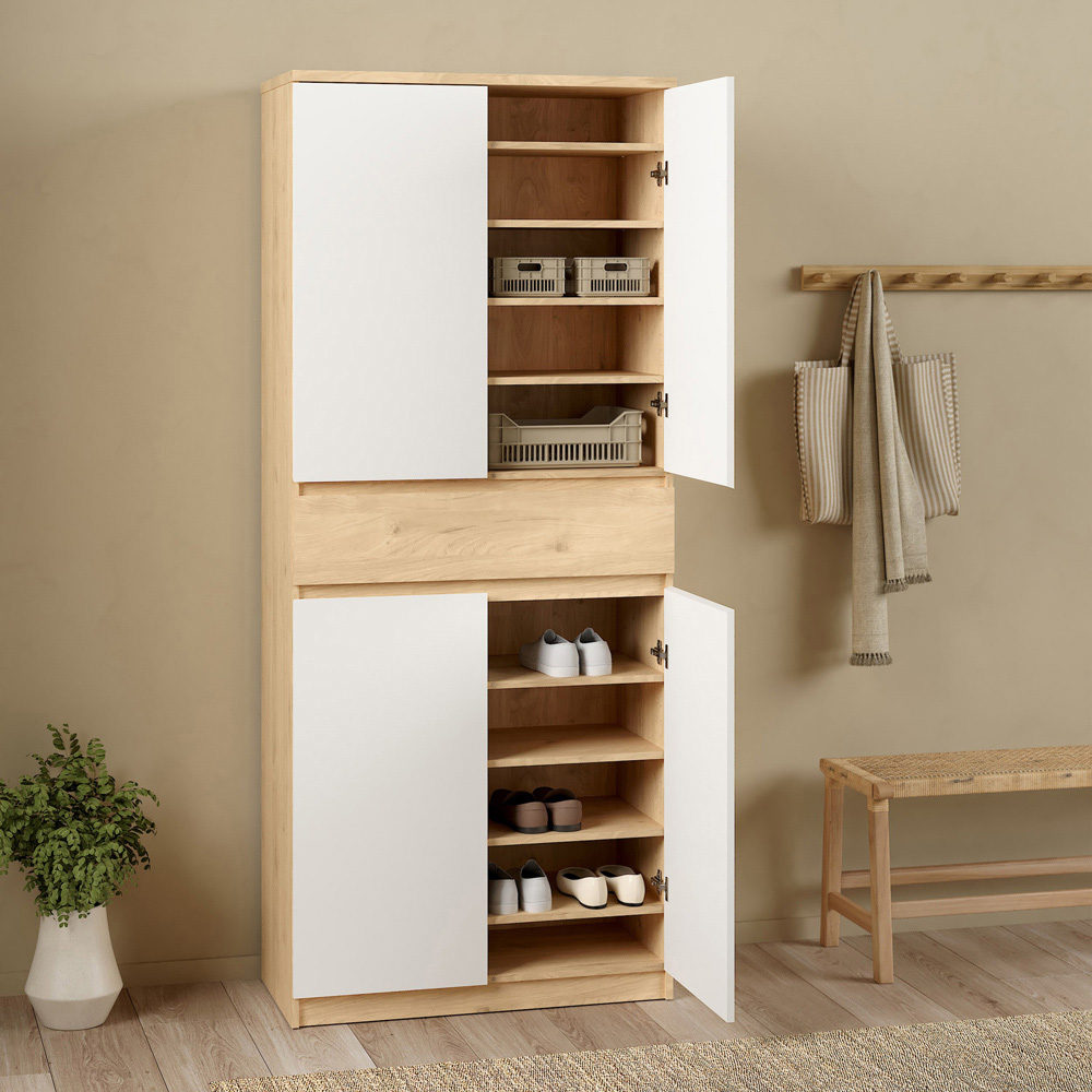 Florence 4 Door Single Drawer Jackson Hickory Oak and White Shoe Cabinet Image 6