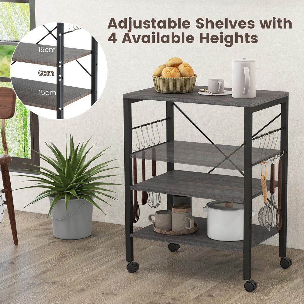 Costway 3 Shelf Black Storage Trolley with Removable Hooks Image 6