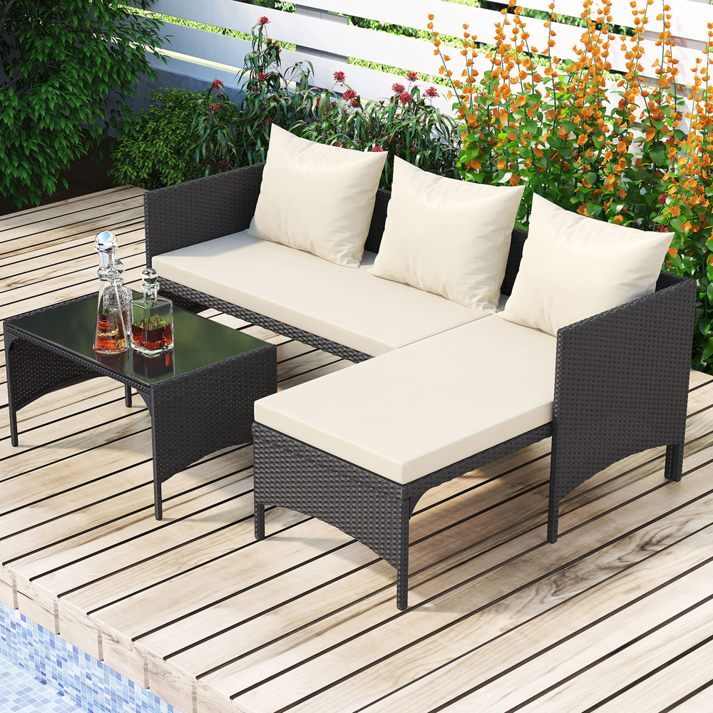 Rattrix 3 Seater Black Rattan Garden Chaise Conversation Set with Cushion Image 3