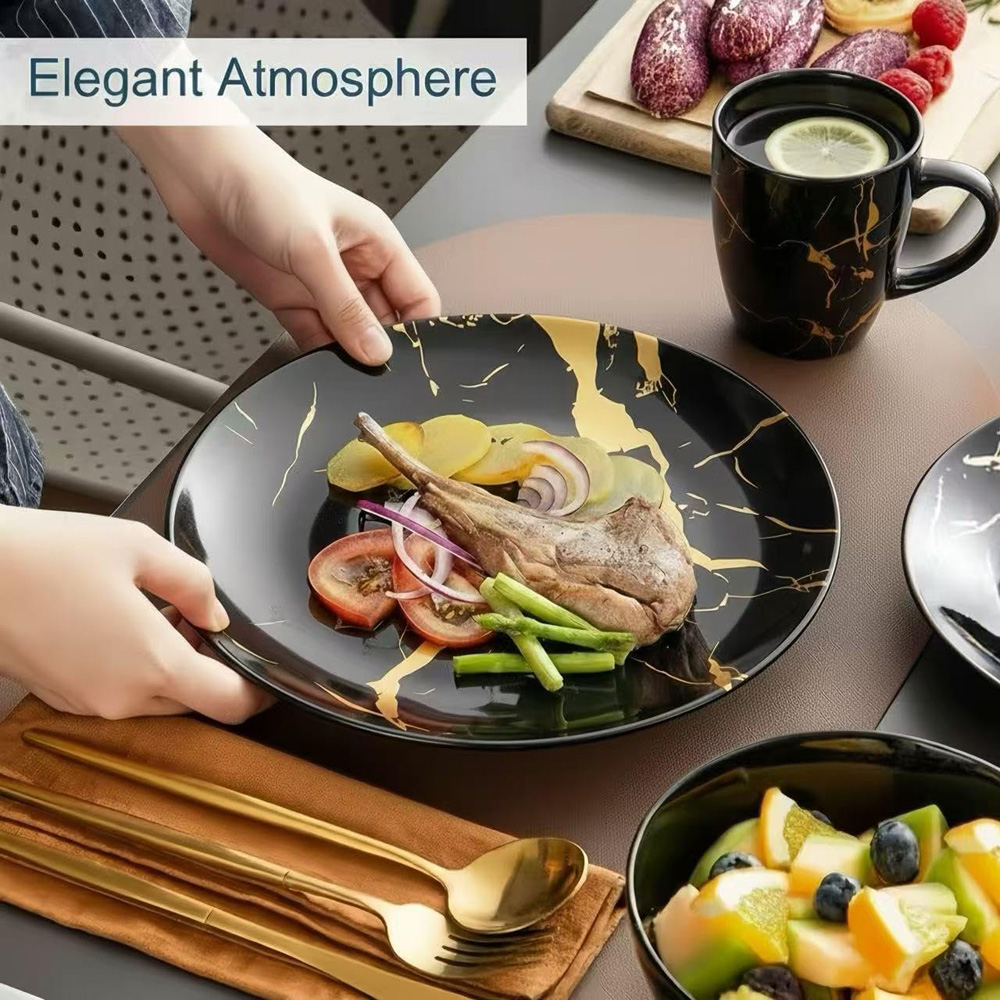 Alivio Black and Gold Marble Scratch Resistant Porcelain 16 Piece Dinner Set Image 3