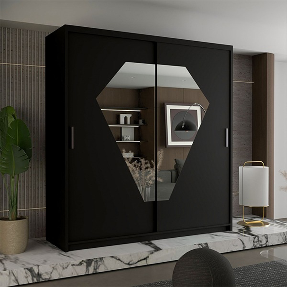 Sliding Wardrobes 4U Diamond 2 Door Black Mirrored Wardrobe 150cm Image 4