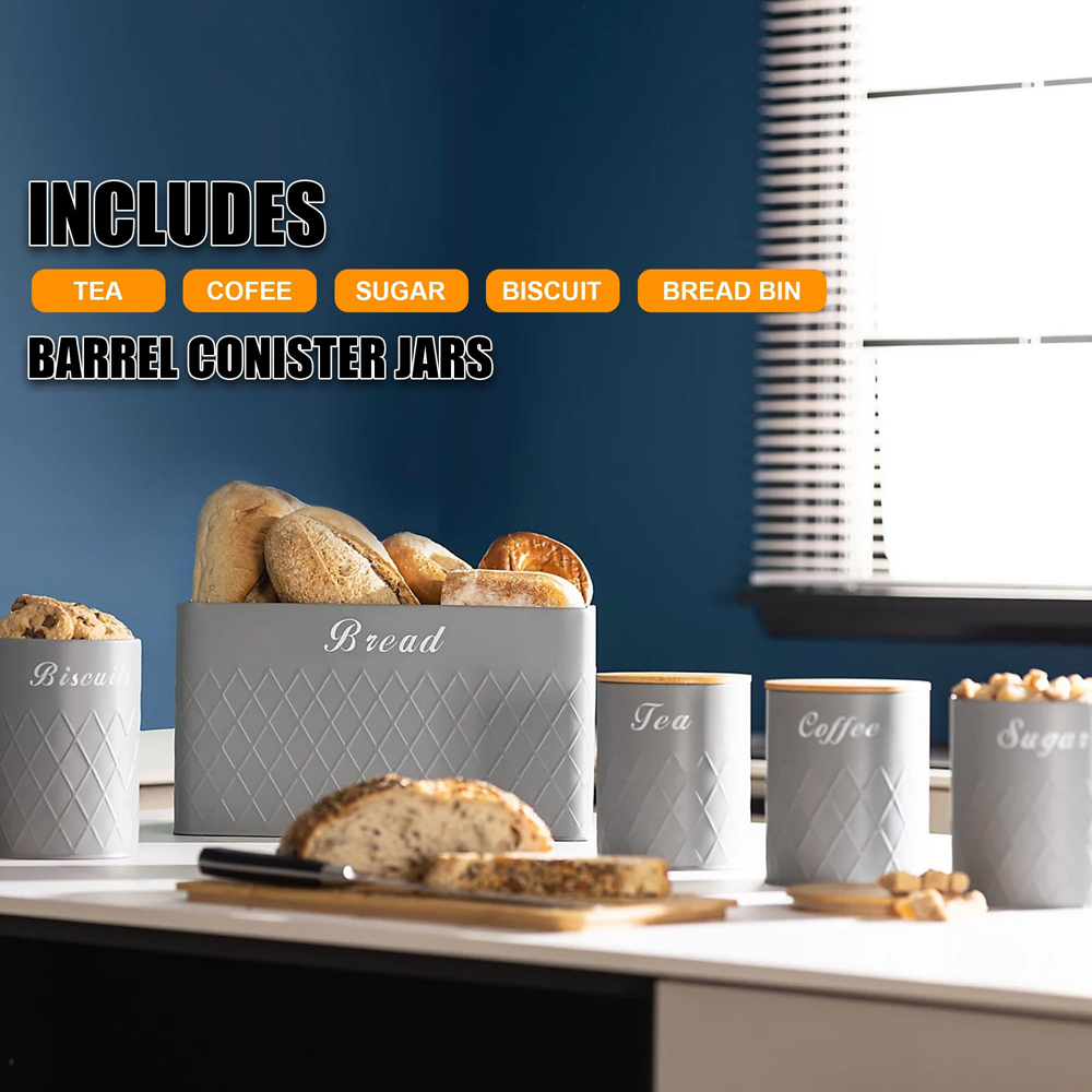 ATEK 5 Piece Grey Kitchen Canister Set with Bamboo Lids Image 2