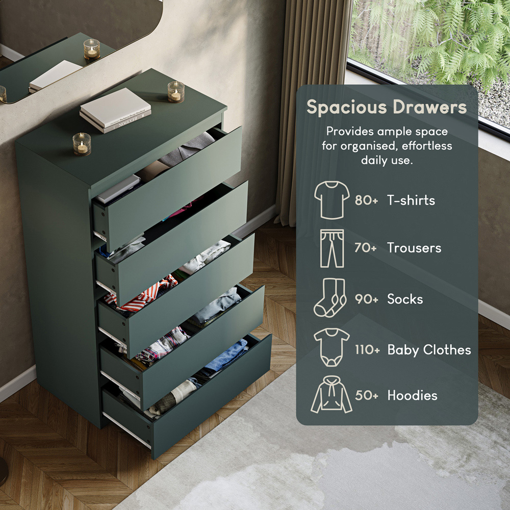 VIDA DESIGNS Denver Jasper Green 5 Drawer Bedside Table Image 7