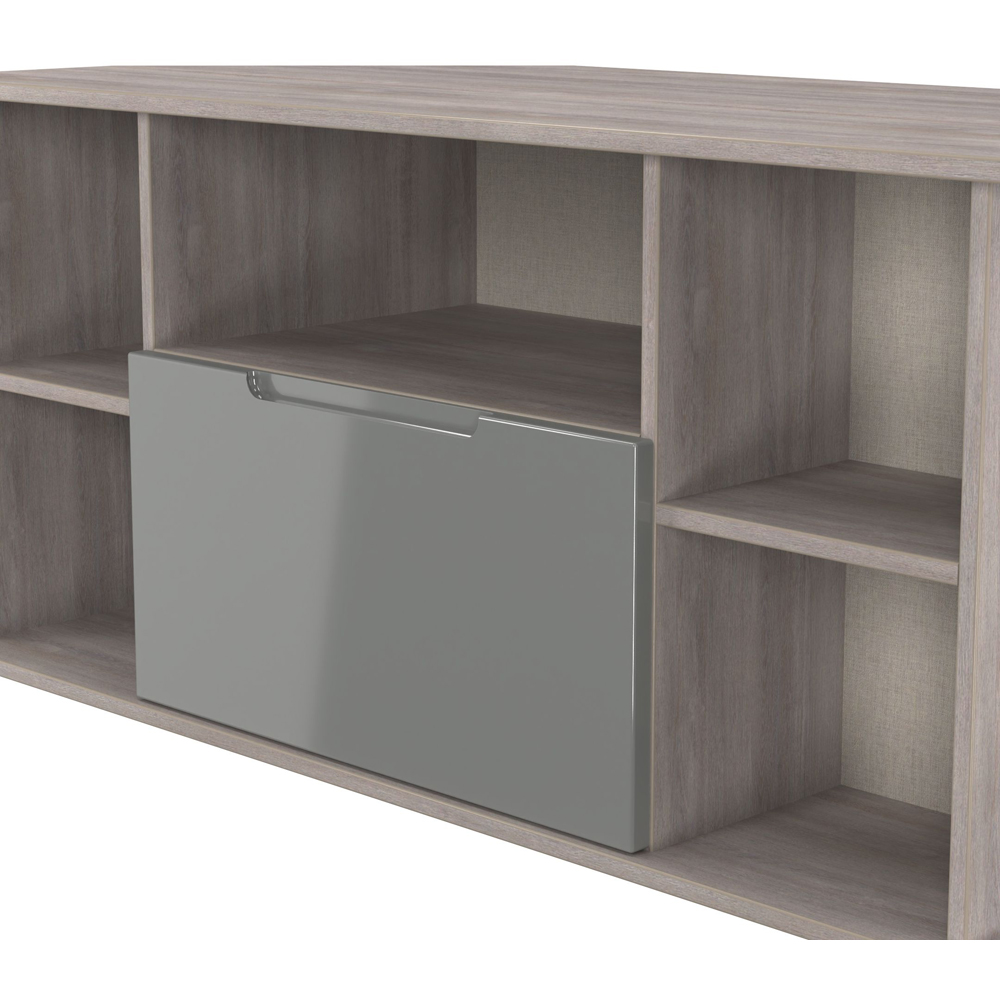 Crowndale Milan Single Drawer 5 Shelf Grey Gloss and Grey Oak Corner TV Unit Ready Assembled Image 4