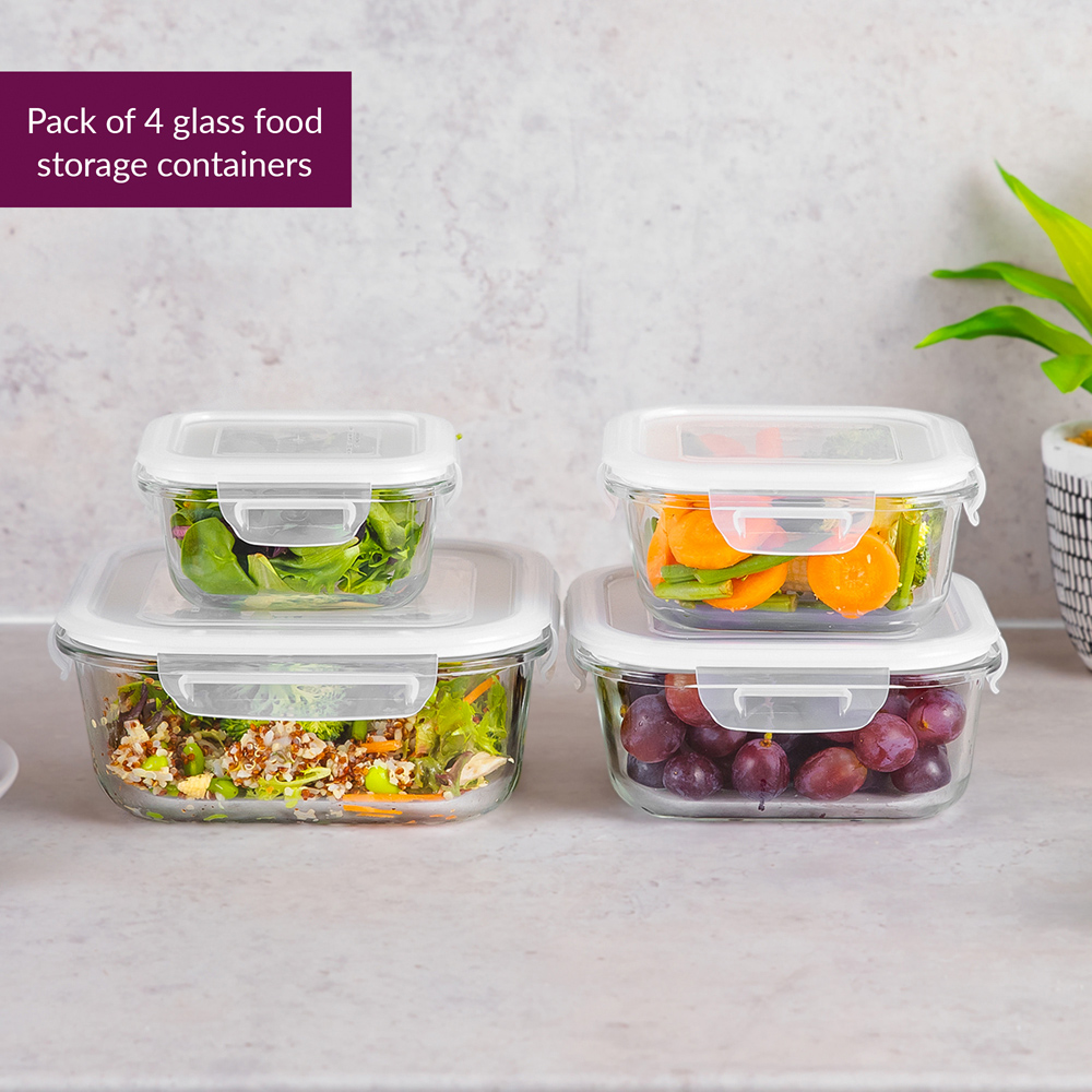 Innoteck Essentials 4 Piece Square Glass Kitchen Storage Container Set with Snap Lock Lids Image 3