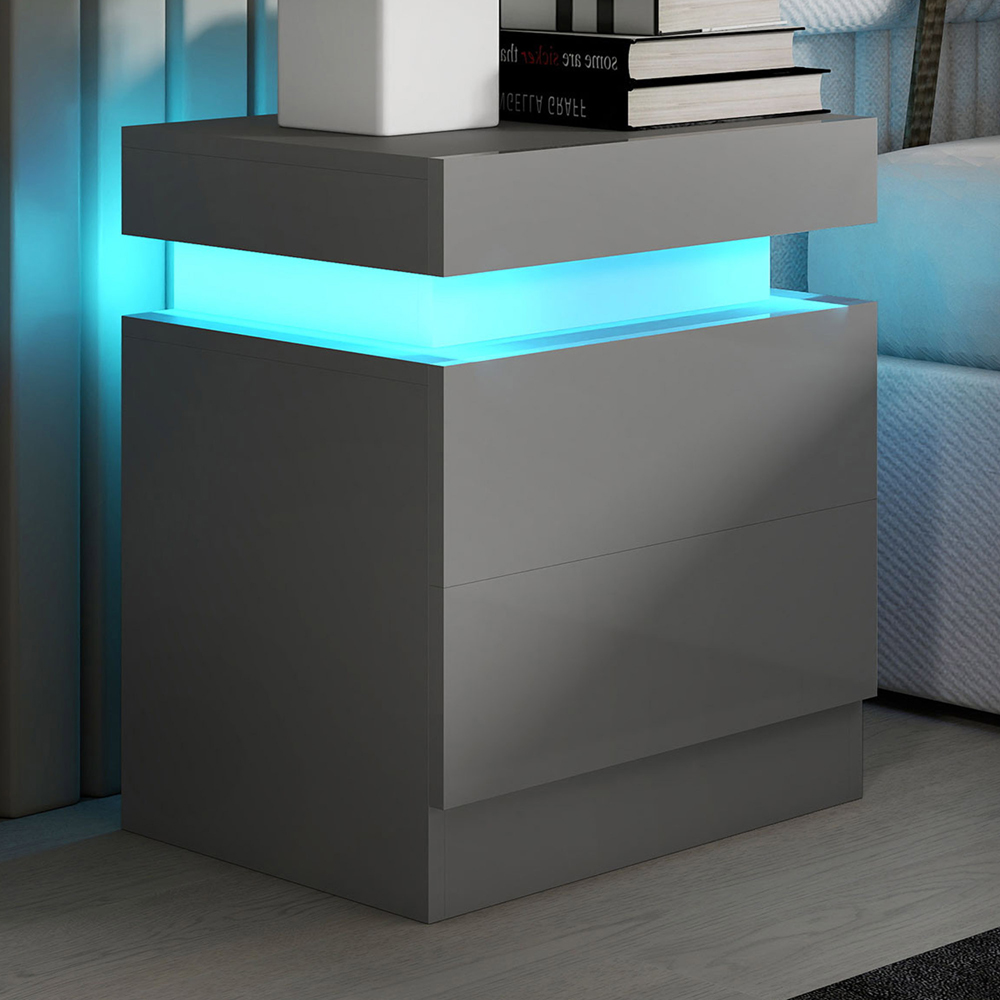 HOMCOM 2 Drawer Grey High Gloss Bedside Table with LED Light Image 1