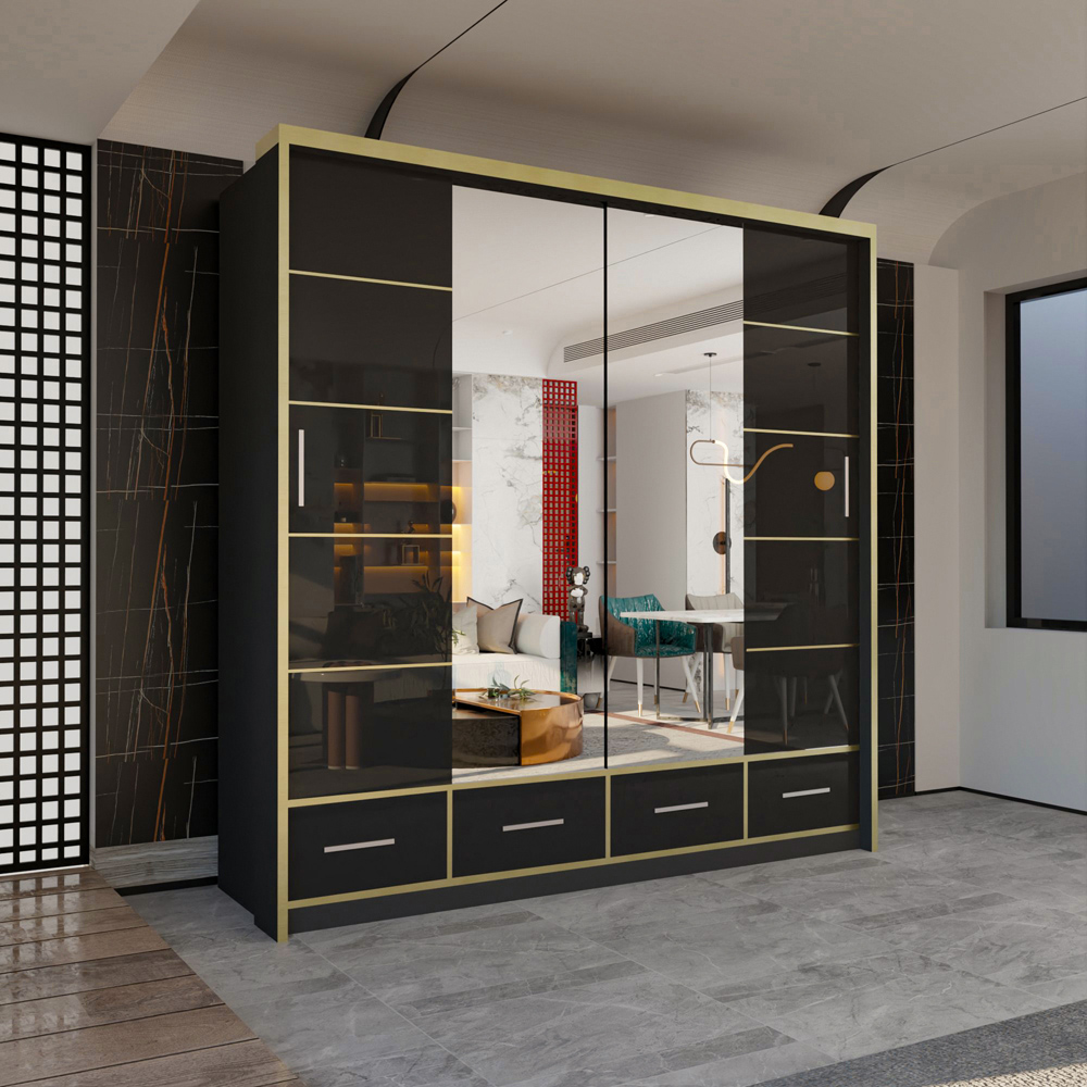 M N Furniture Silora 2 Door 4 Drawer Black and Gold High Gloss Mirrored Sliding Wardrobe 203cm Image 4