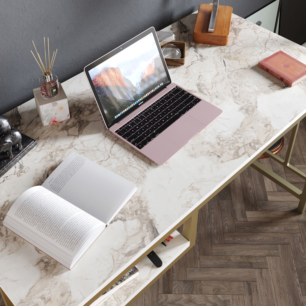 Decorotika Victory Single Shelf Wide Study Desk White Marble Effect and Gold Image 4