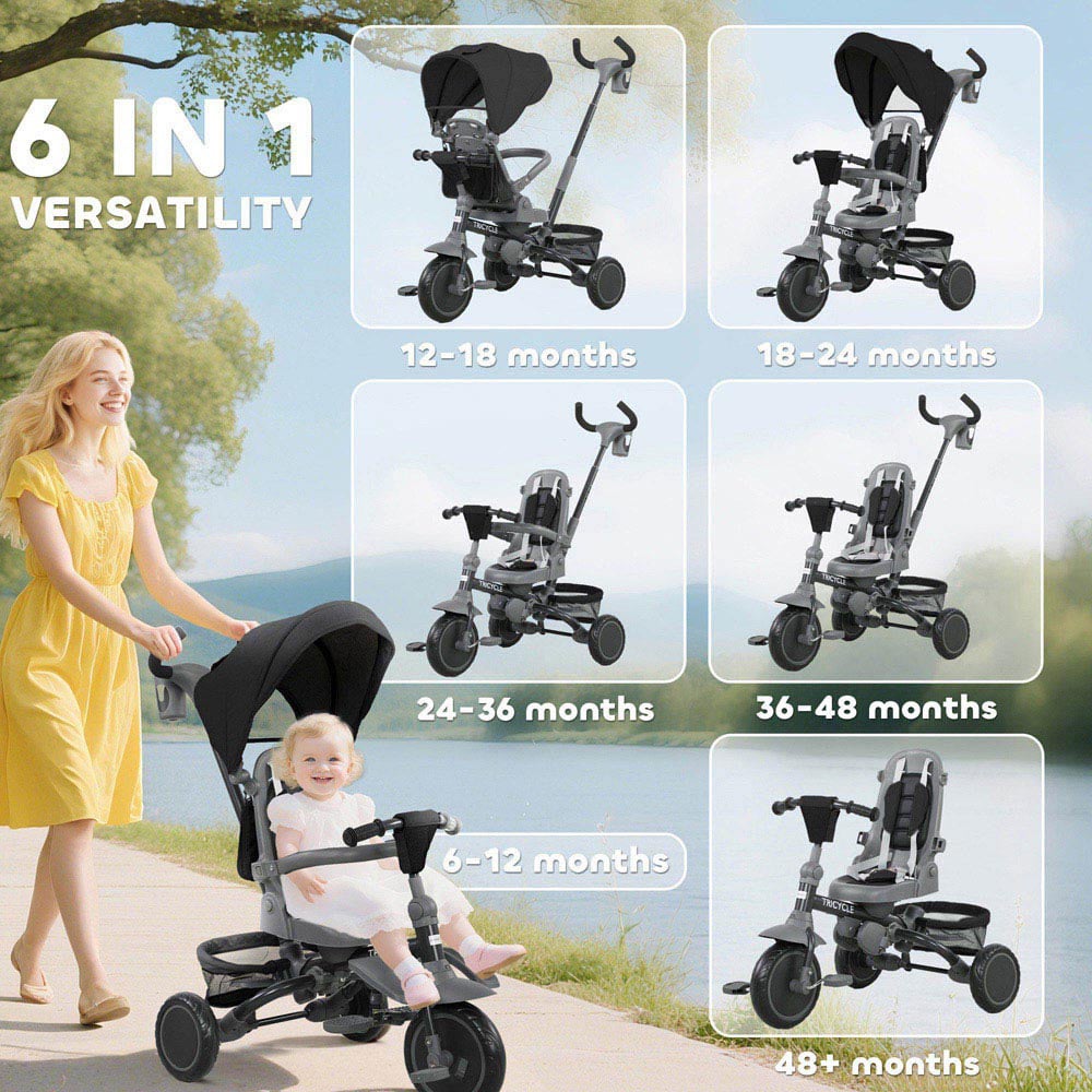AIYAPLAY 6-in-1 Toddler Black 5 Point Harness Trike with Parent Handle Image 4