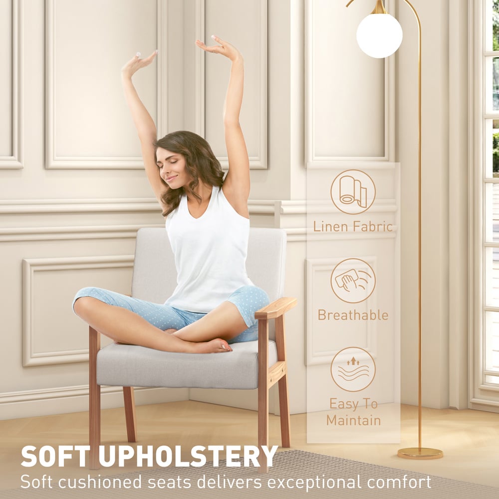 HOMCOM Cream White Wood Frame Accent Armchair with Linen Cushions Image 6