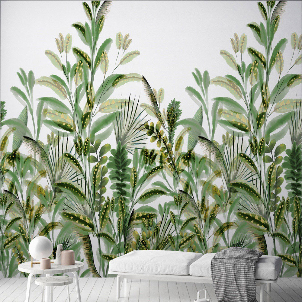 Grandeco Rainforest Leaves Green 3 Lane Wall Mural Image 1