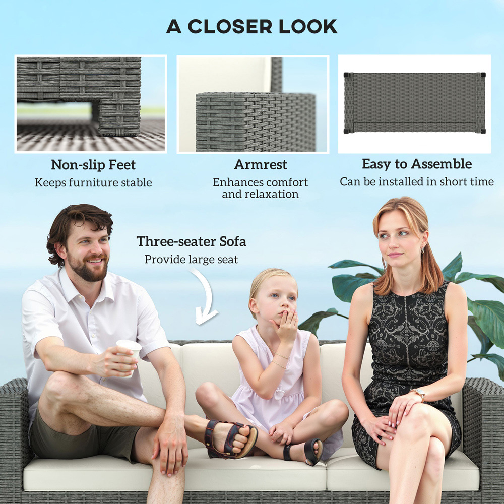 Outsunny 3 Seater Cream Cushion Rattan Wicker Patio Sofa Image 6