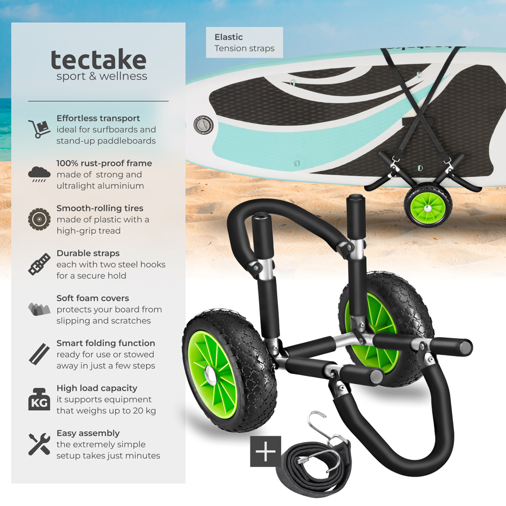 tectake Single Surfboard and SUP Trolley with Wave Wheel and Bungee Cords Image 6