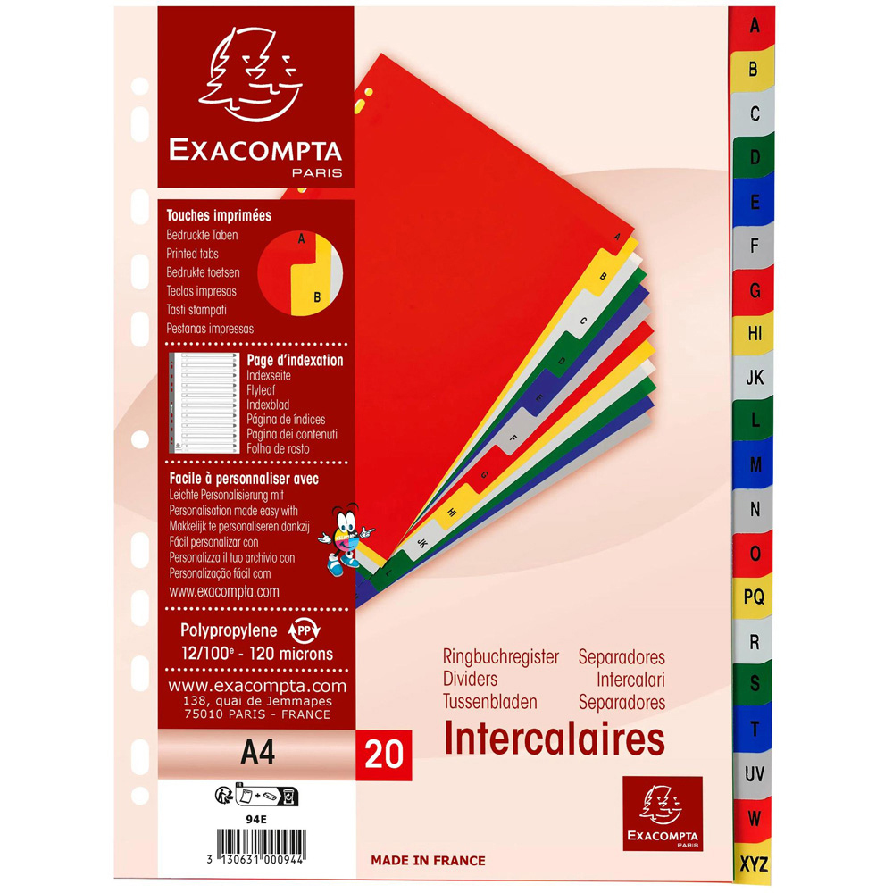 Exacompta A4 Assorted Colour Polypropylene A-Z Divider 20 Pack Image 2