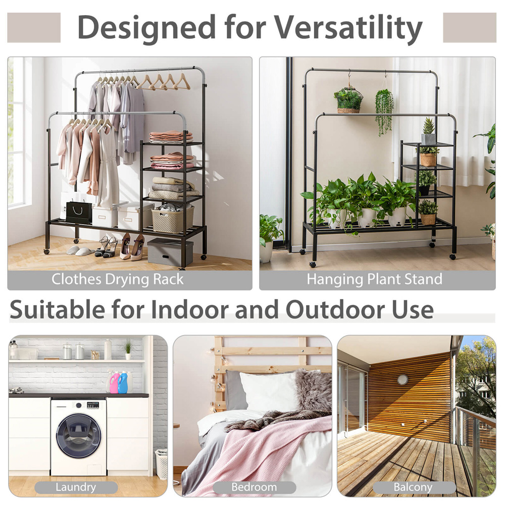 Costway 4 Shelf 2 Hanging Bars Black and Silver Rolling Clothes Rack Image 7