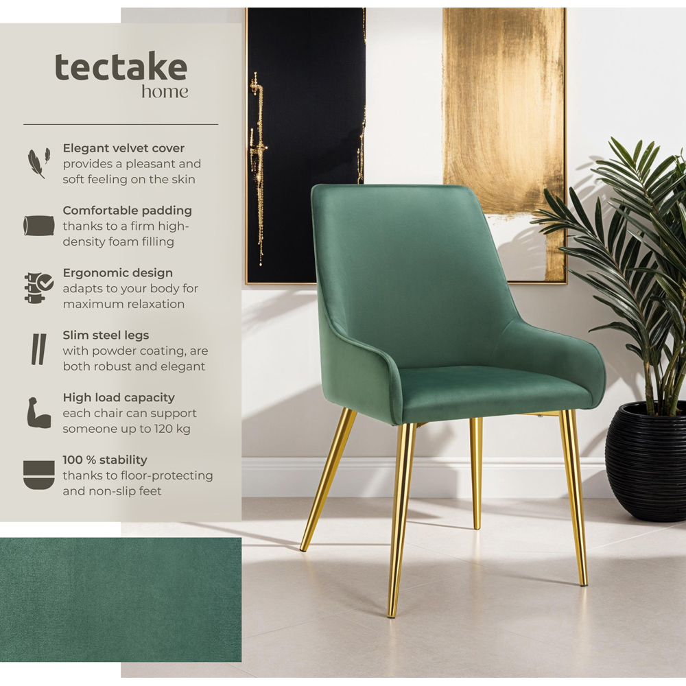 tectake Avane Set of 6 Green Velvet Look Padded Dining Chair Image 6