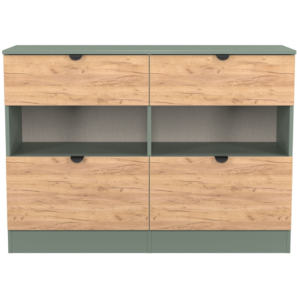 Crowndale Bora 4 Drawer 2 Shelf Gold Oak and Reed Green Wide Midi Chest Image 2