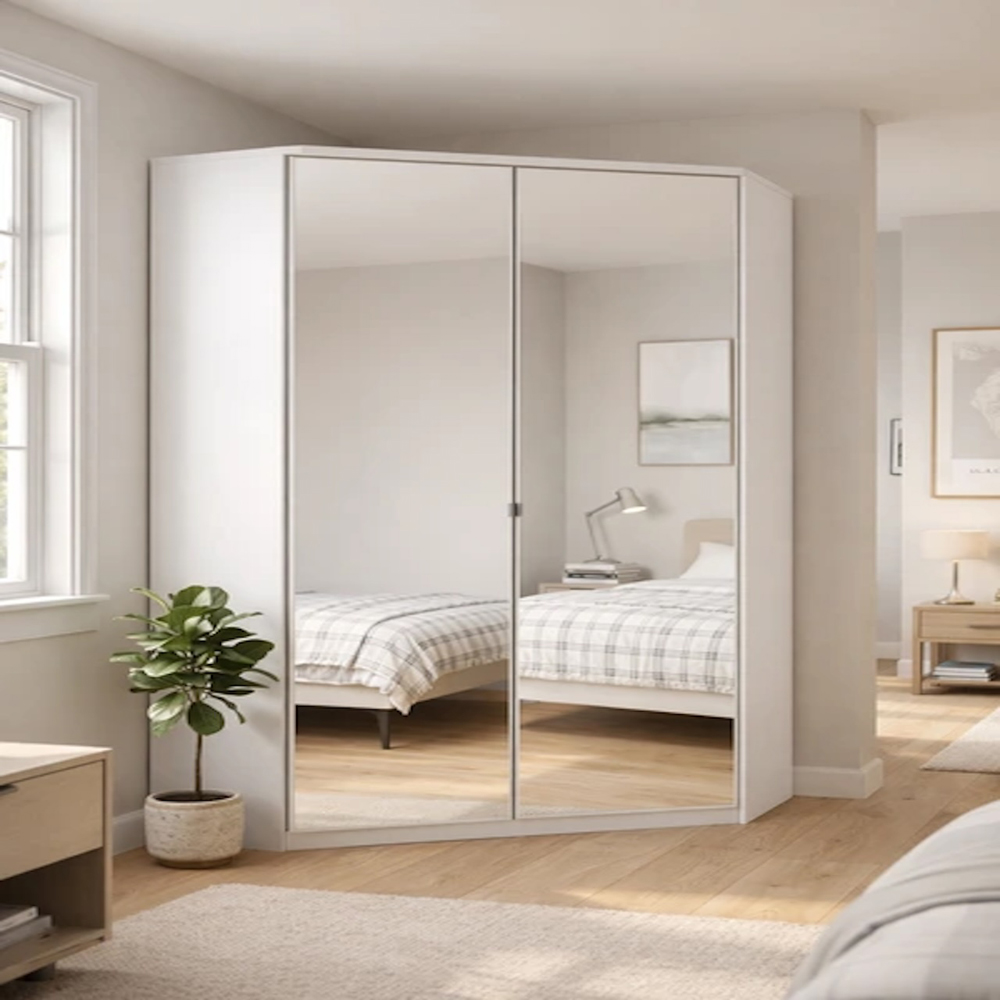 TJ'S Duo 3-Section White Mirrored Corner Wardrobe Image 5