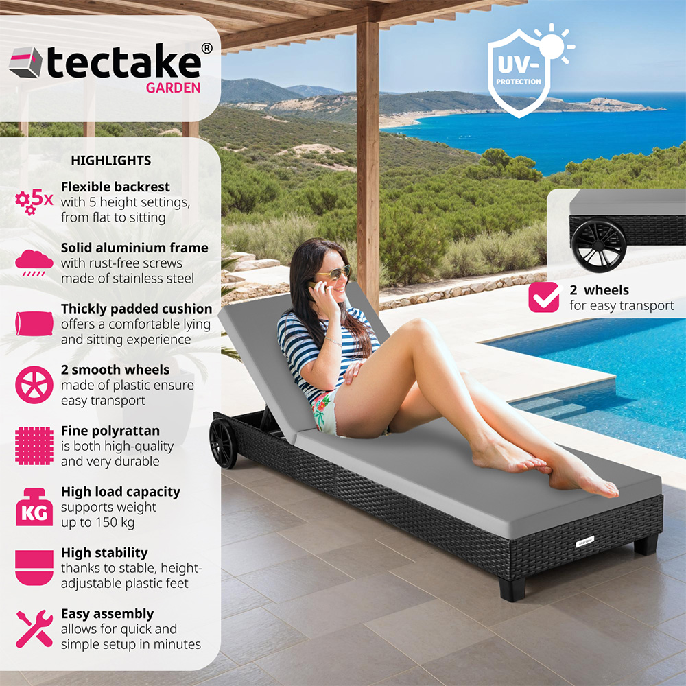 tectake Ancona Black 5 Level Adjustable Aluminium Frame Sun Lounger Image 6